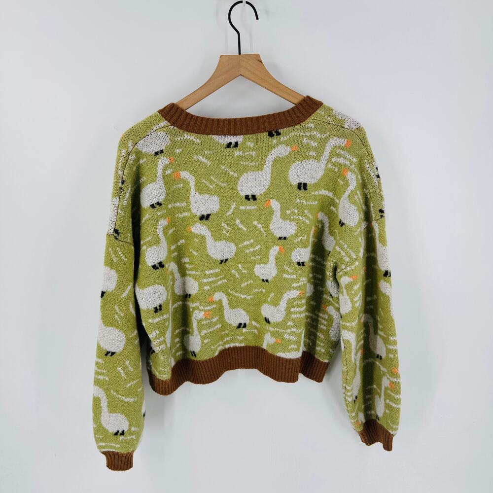 CIDER Duck Pattern Button Cardigan Green Brown Kn… - image 3
